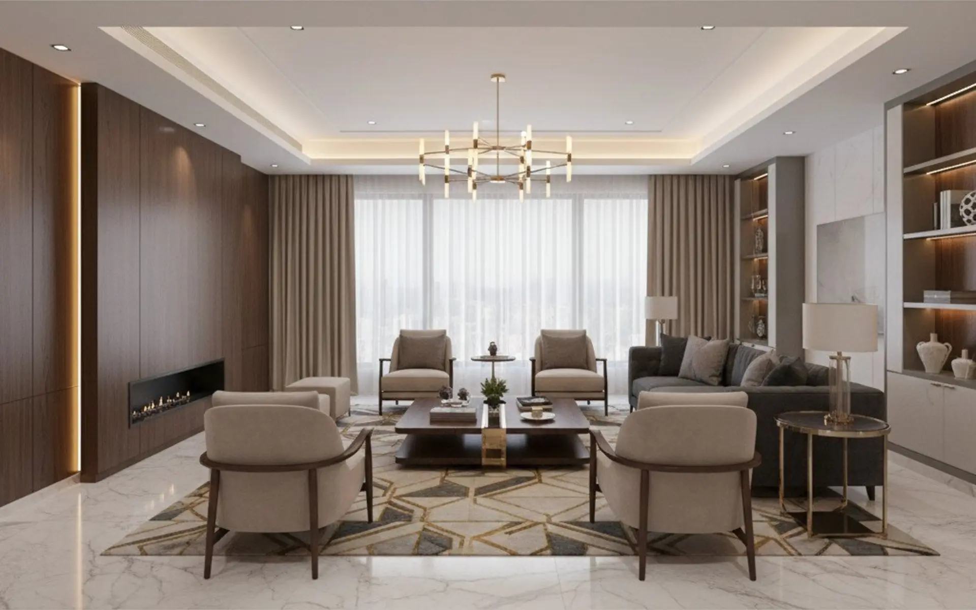 Contemporary living and dining interior in warm neutral tones